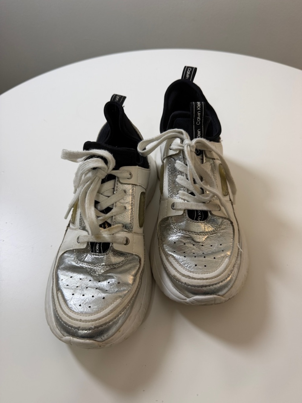Calvin Klein White, Silver & Black Lace-Up Sneakers